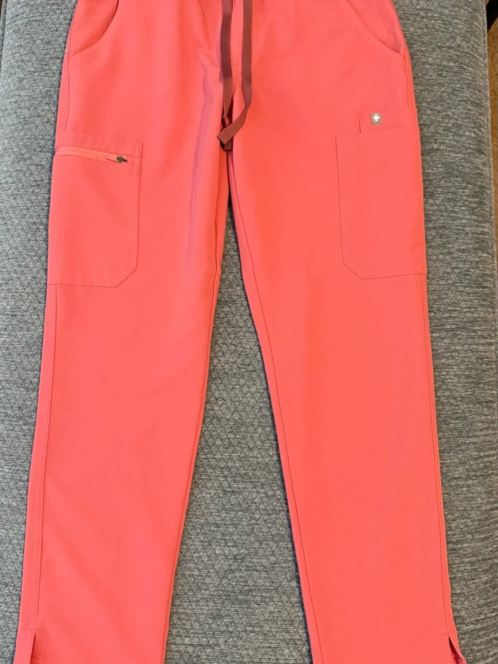 FIGS Coral Scrub Set in Coral Pink - V-Neck Top & Utility Pants - Picture 7 of 10